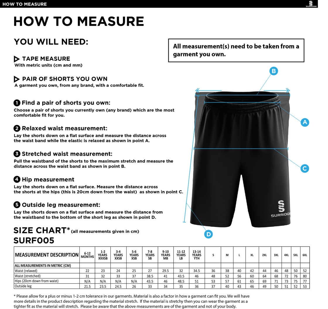 Alvechurch FC - Match Short - Size Guide