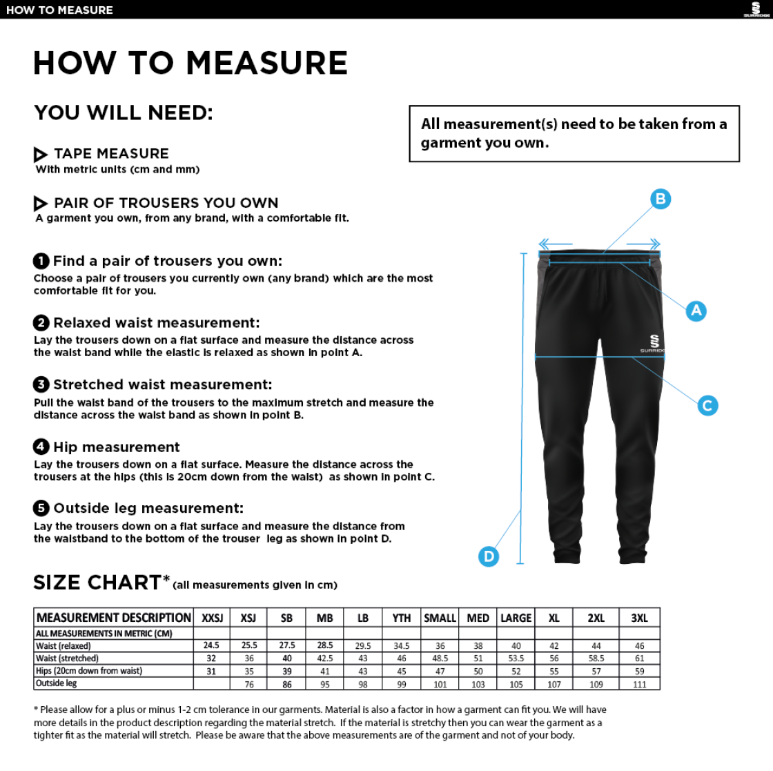 Staff - Tek Slim Training Pants - Unisex Fit - Size Guide