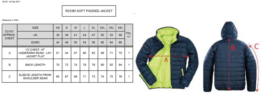 Staff - Supersoft Padded Jacket - Unisex Fit - Size Guide