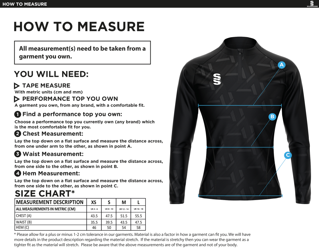 Impact 1/4 Zip Performance Top - Women's Fit - Size Guide