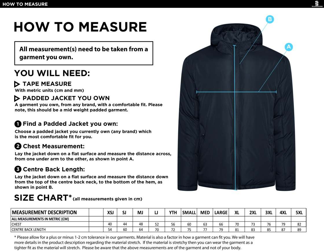 Staff - Active Padded Jacket - Unisex Fit - Size Guide