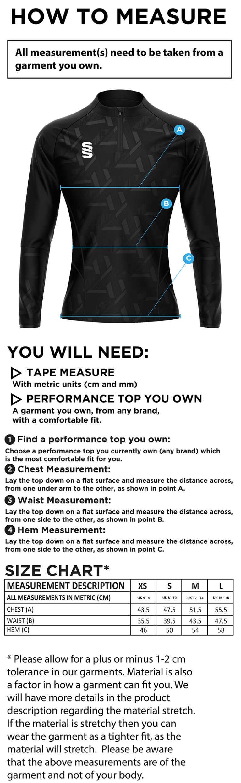 Impact 1/4 Zip Performance Top - Women's Fit - Size Guide