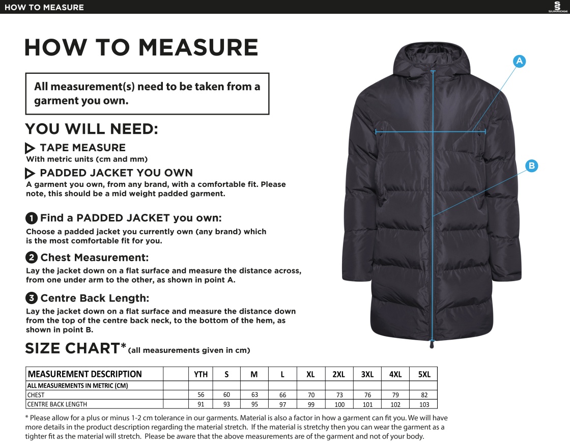 Staff - Active Long Padded Jacket - Unisex Fit - Size Guide